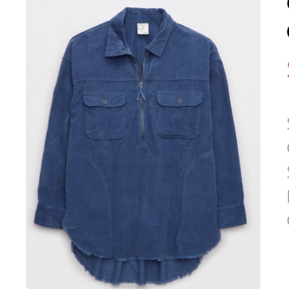 OFFLINE AERIE | Corduroy Quarter Zip Pullover Shacket Jacket Blue Frayed Hem